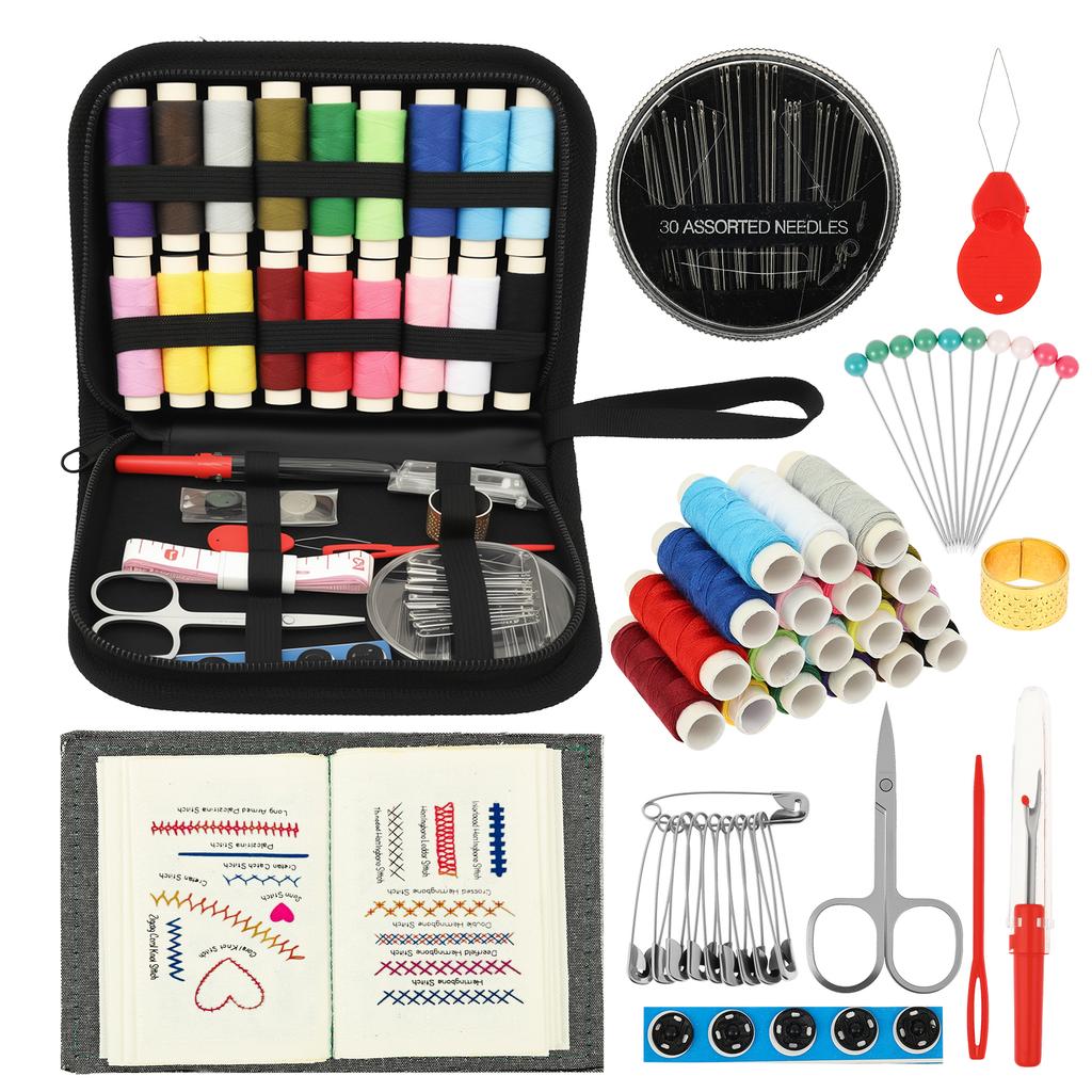 Embroidery Stitch Book Kit with Threads Needles Scissors Tape Measure Buttons Storage Bag Beginner Portable Sewing Box Tools