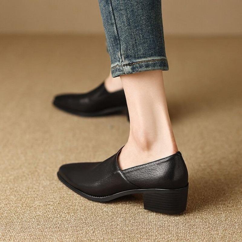 Women Pointed Toe Mid Heel Pumps Soft Leather Dress Shoes Office Work Shoes Comfortable Slip On Shoes Fashion Thick Heel Shoes