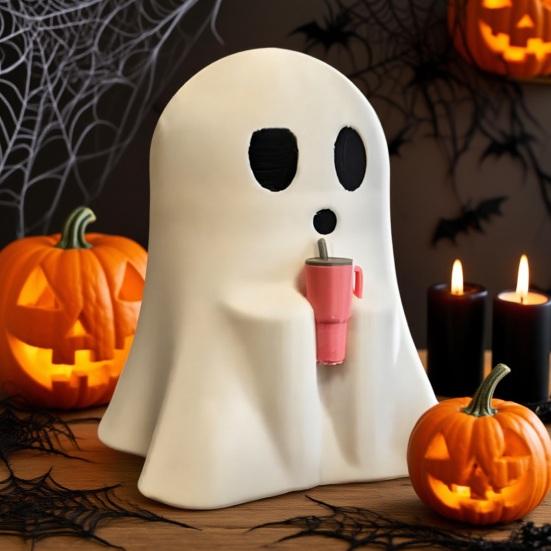 Halloween Ghost Figurine Spooky Ghost Holding Cup Statue for Indoor Home Office Desktop Halloween Decor