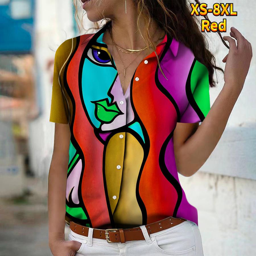 2025 Summer New Fashion Women's Abstract Printed Short Sleeve V-neck Casual Button-down Shirt Top