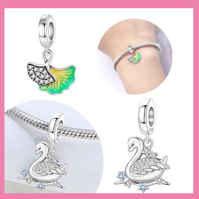 Copper Ginkgo BilobaWhite Swan With Stone Beads Charms Fit Original Bracelet Necklace Fine Jewellery Women Handmade Gifts