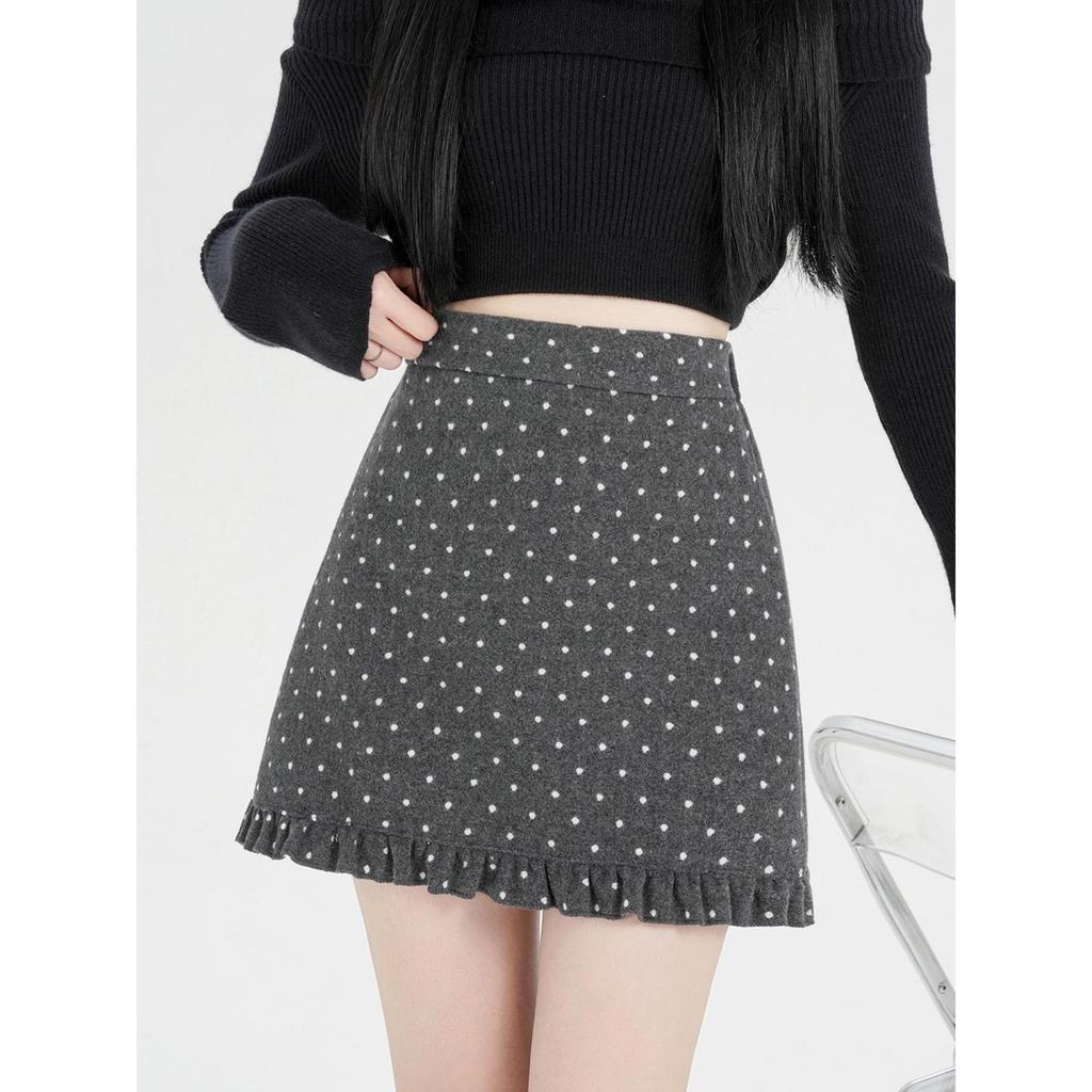 Grauer Polka Dot Wollrock in A-Linie mit hoher Taille und Rüschen für Damen in Übergröße