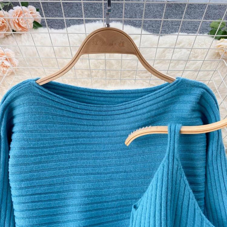 Women Autumn Winter Knit Set Slim Solid Color Two Piece All Match Crop Sweater Hip Dress For Ladies