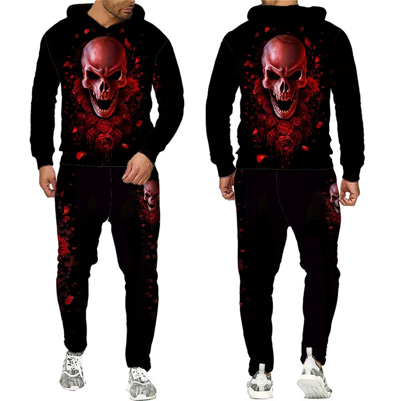 Noutate Skull Flower 3D Printed Trening Set 2 piese Hanorac cool pentru bărbați + Pantaloni Costum de jogging Unisex Hip Hop Casual Street Clothing