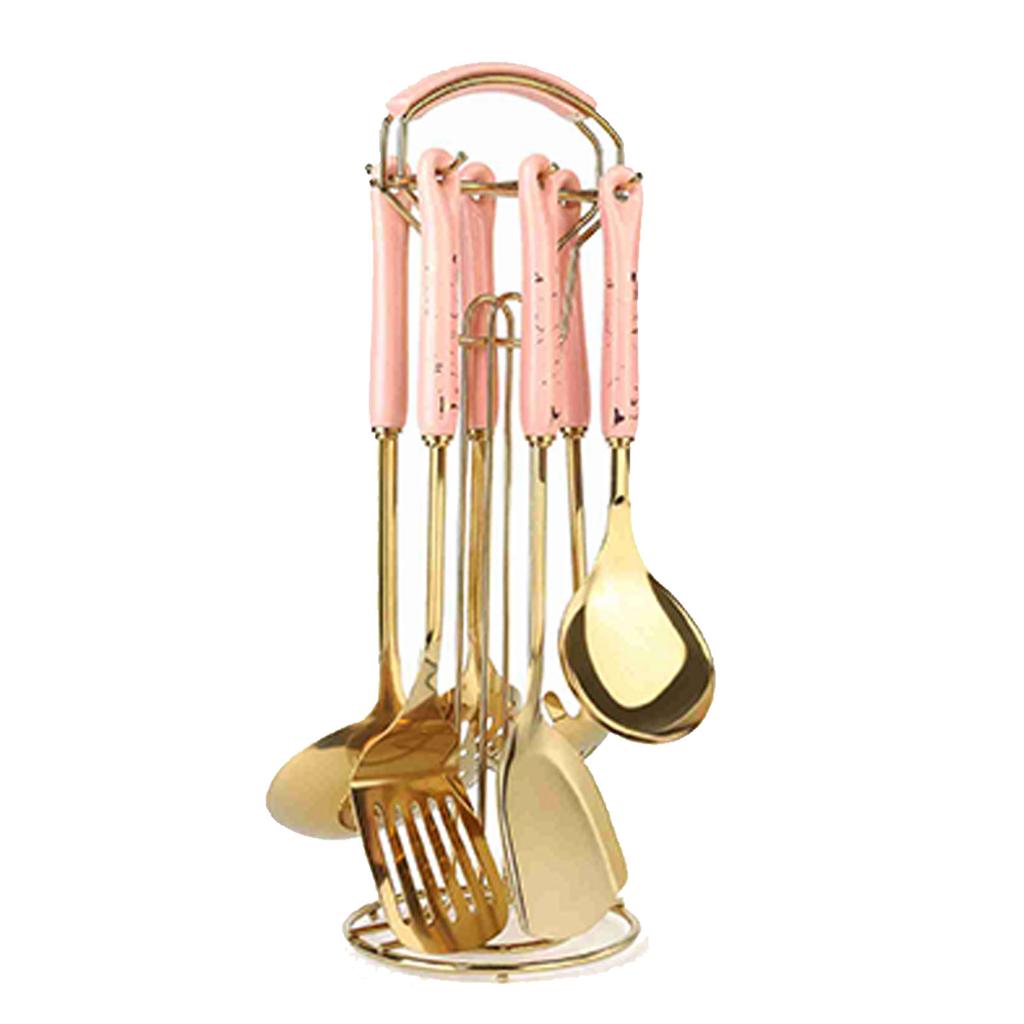 7PCS Stainless Steel Cooking Utensils Set Ceramic Handle Kitchen Spatulas Spoons Set Pink and Gold