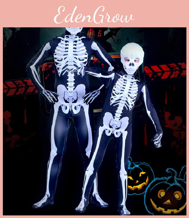Unisex Parent-child Skeleton Man Costume Jumpsuit With Spooky Mask For Halloween Fun