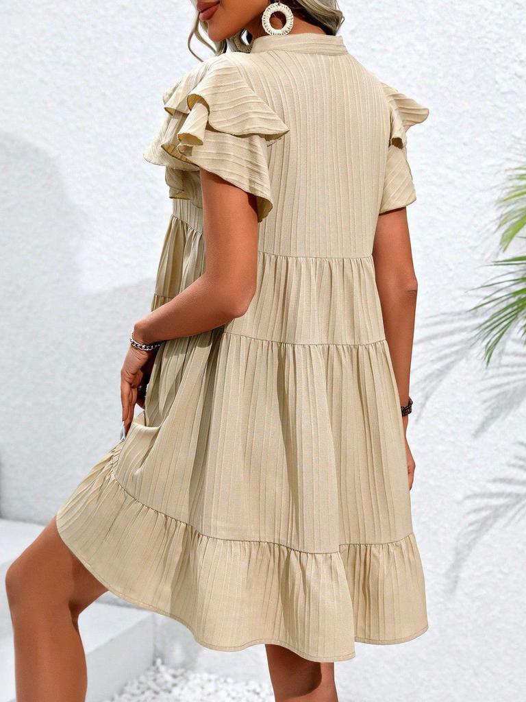 V-Neck Folded Sleeve Mid-Length Solid Color Dress - Casual & Comfortable