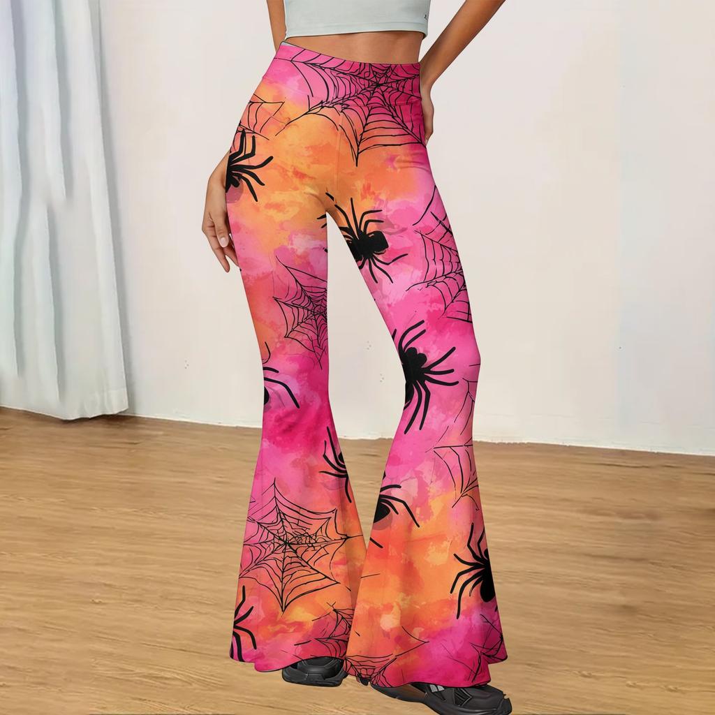 Women's Halloween Print Flared Yoga Pants High Waist Stretch Casual Fitness Leggings with Pumpkin and Spiderweb Design