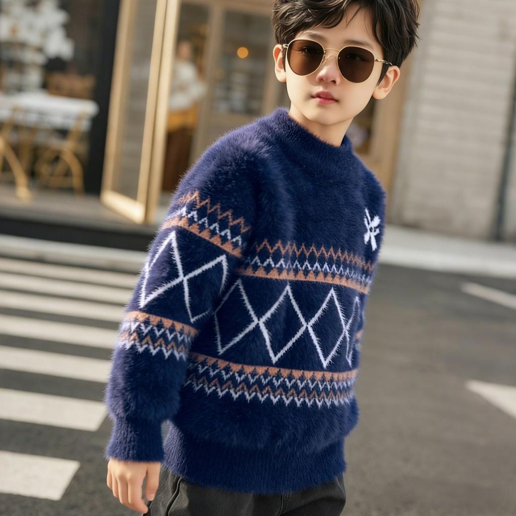 Boys' Warm Non-slip Sweater - Winter Children's Fashionable Plush Knitted Jersey