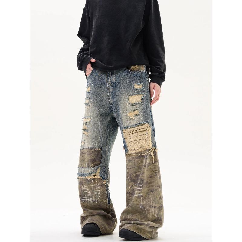 ROADVIBE Amerikanischer Retro Camouflage Patchwork Jeans Herren Zerrissenes Loch Katzenbart Weiter Bein Hosen Streetwear Trendige Gewaschene Denim Hosen