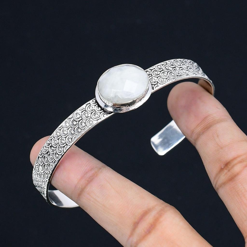 Sisters Day Sale Sterling Silver Natural Rainbow Moonstone Boho Bangle Bracelet