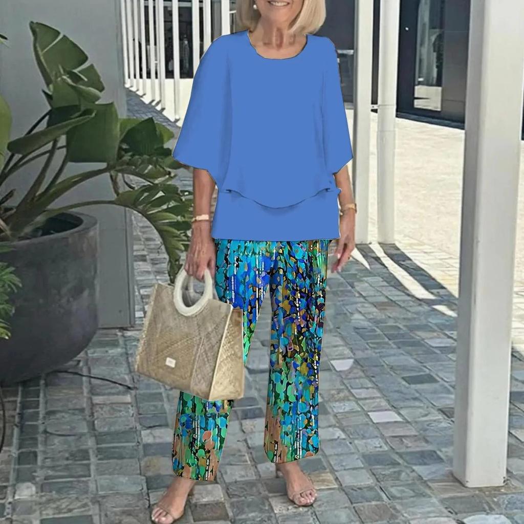 Women's Green Loose Fit Top with Leaf Print Pants Set, Casual Summer Outfit with Straw Bag