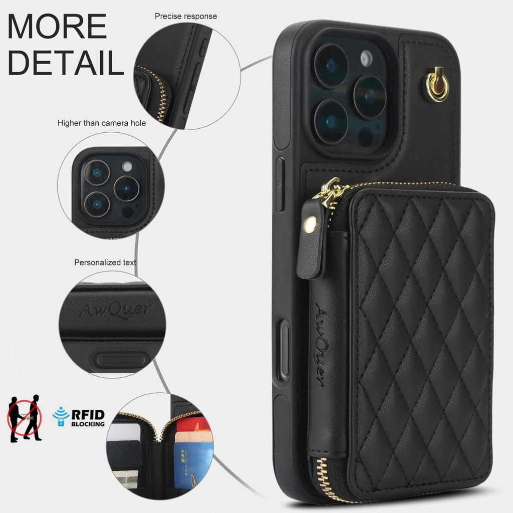 Quilted Zipper Wallet Phone Case For IPhone 15/14/13/12 - 7 Colors Leather Card Holder Cover