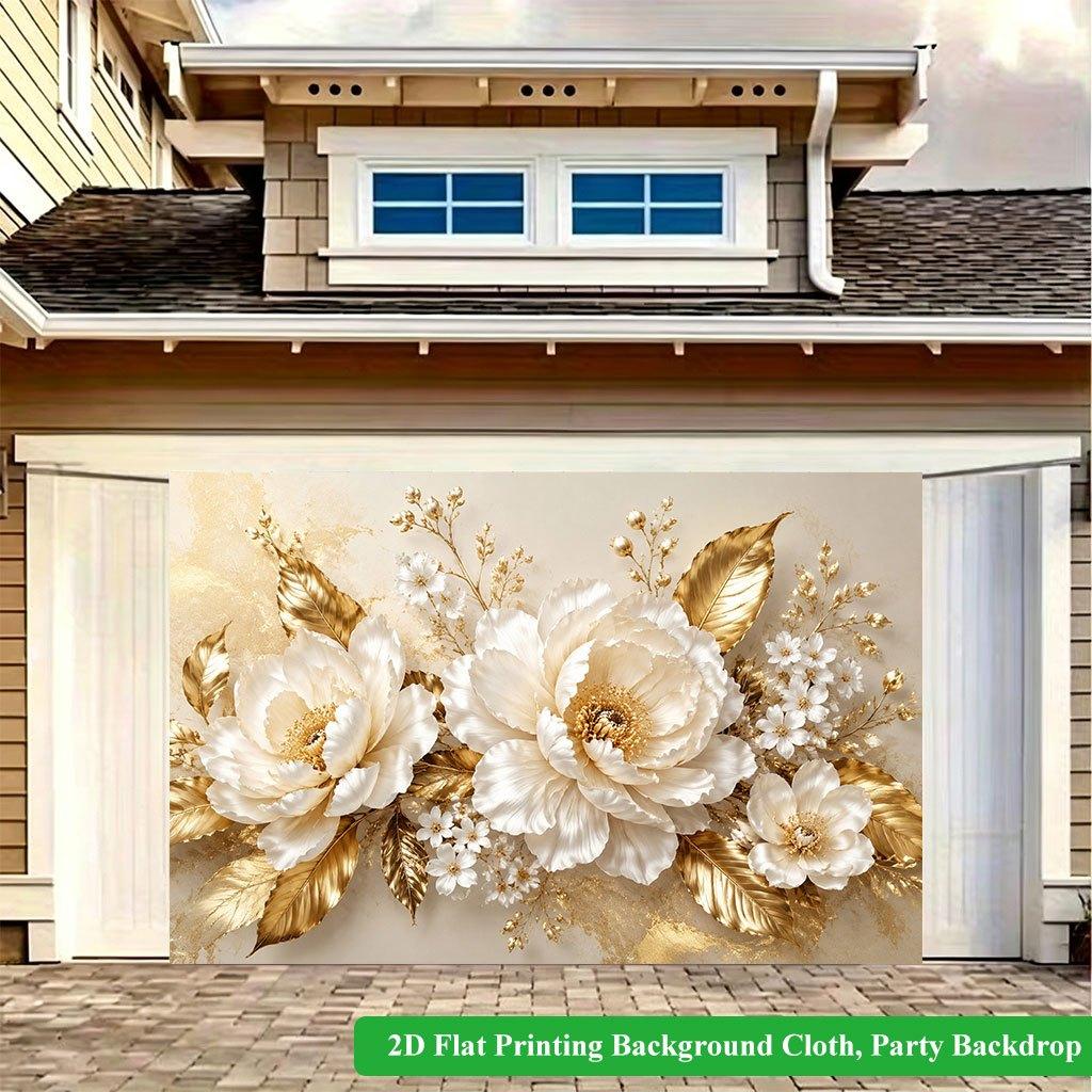 2D Flat Backdrop1pc Gold Floral White Floral Backdrop Banner Polyester Wall Decor For Living Room Bedroom Office Outdoor Decor Party