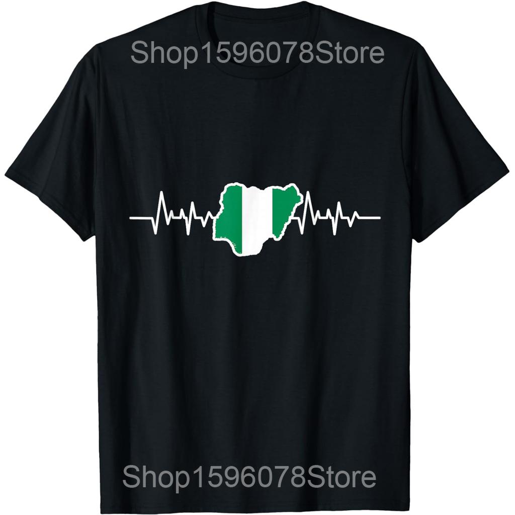 Nigerian Flag Heartbeat Nigeria T Shirts Men Women Pure Cotton Humor Streetwear Tee Shirt Short Sleeve Unisex Loose Clothing