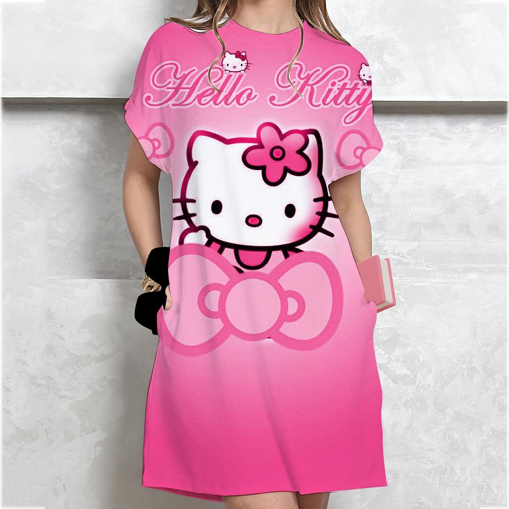 

Жіноча повсякденна міні-сукня з коротким рукавом, вінтажний принт Hello Kitty, вільна міні-сукня, елегантна проста міні-сукня, сукня-сарафан вуличного стилю M