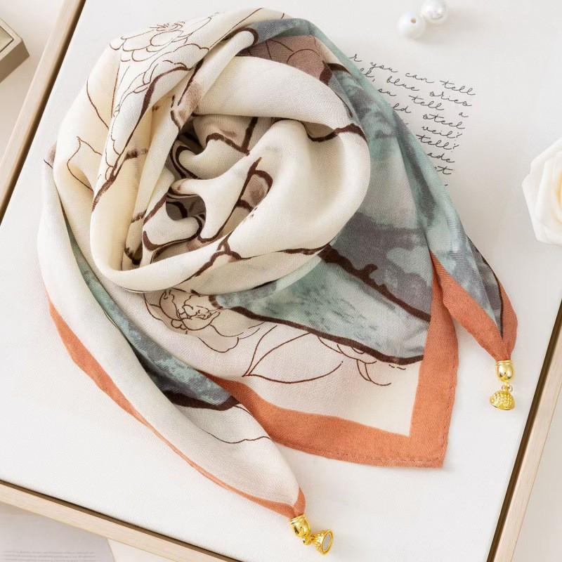 Womens Cotton Square Scarf With Magnetic Clasp Lightweight Winter Wrap Accessory Floral Print