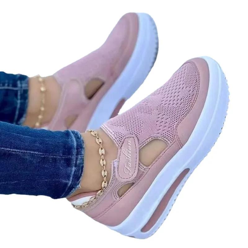 Fashion Large  Summer  Breathable Women's Casual Shoes with Thick Sole  Sloping Heel Hollowed Out Low Cut Women's Shoes  Sneakers