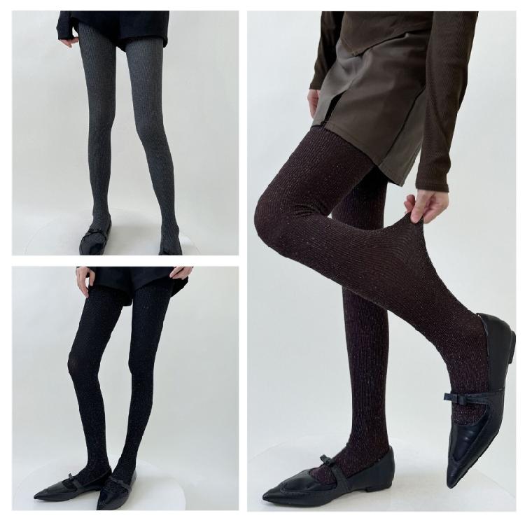 Women Vintage Shimmering Ribbed Striped Opaque Pantyhose 90s Winter Fall Basic Bottoming Tights Stockings Leggings