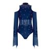 Womens Lyrical Dance Leotard Cold Shoulder Long Sleeves Sheer Mesh Waist One Piece Bodysuit Dancewear