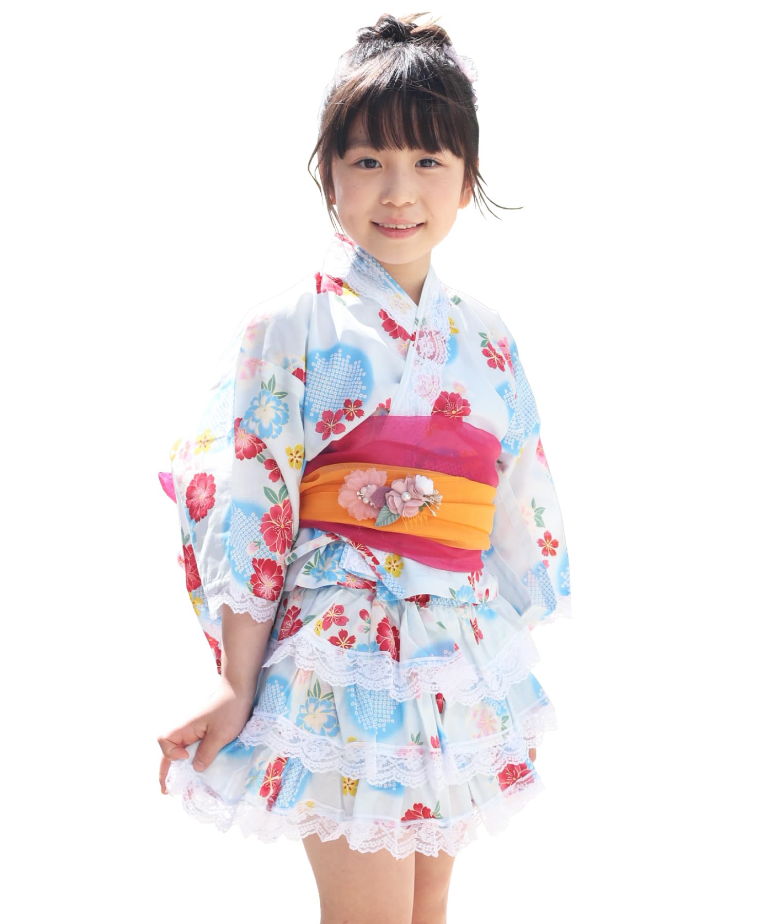 

Nishiki 24906 Набор из двух юкат Юката и пояс Оби Платье юката для девочек Синий с двойной сакурой (Отдельный ремень), Рюши, 100% хлопок,