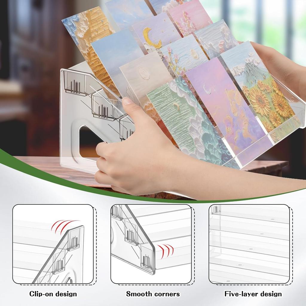 2 Pack 5 Tier Acrylic Card Display Stand with 4 Mini Triangle Display Holder for Greeting Sports Cards,Postcards, Business Cards