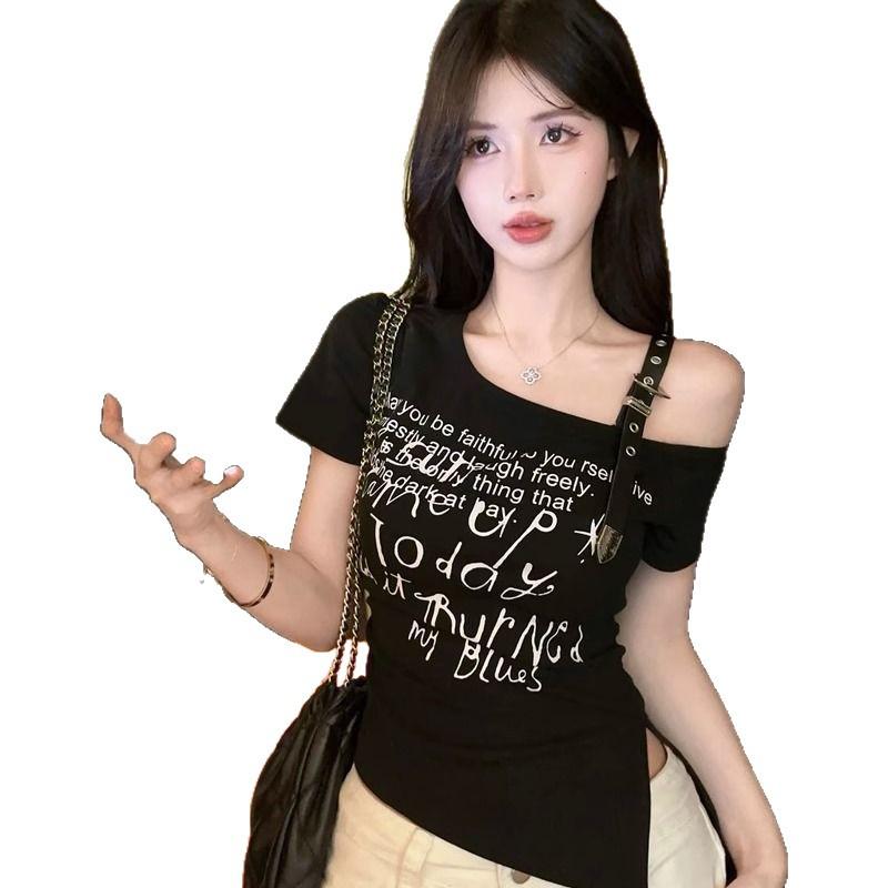 Irregular slanted shoulder short-sleeved t-shirt women's summer American Spice Girls one-word shoulder top design sense niche unique and beautiful