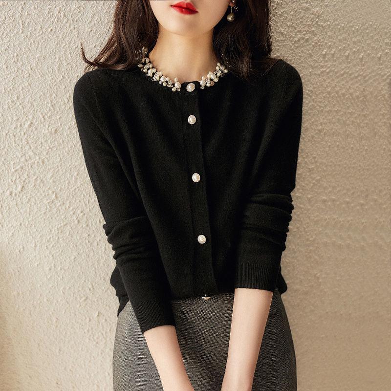 Handcrafted Women's Beaded Knit Cardigan - Spring/Autumn Long-Sleeve Sweater