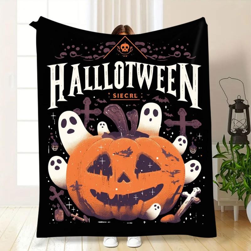 Soft Fleece Blanket With Halloween Digital Print Bed Sofa Nap Use Customizable Cartoon Geometric