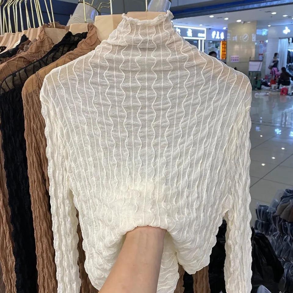 Women's Spring and Autumn Large Size Bottomed Tops Solid Cold Slim Thin Top Female Versatile Elastic Lace Tops