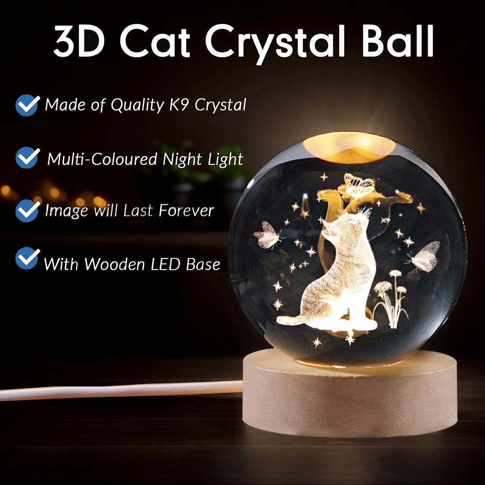 6 Color Changes Night Light 3D Laser Engraving Cat and Butterfly Night Light with Colored Light Wood Lamp Holder Home Decoration