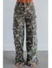 Women High Waist Camo Cargo Wide Leg Jeans Vintage Multi Pockets Non Stretch Denim Pants Streetwear Fall Long Trousers