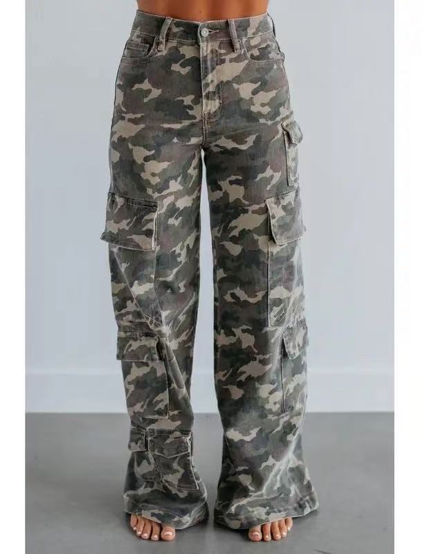 Women High Waist Camo Cargo Wide Leg Jeans Vintage Multi Pockets Non Stretch Denim Pants Streetwear Fall Long Trousers