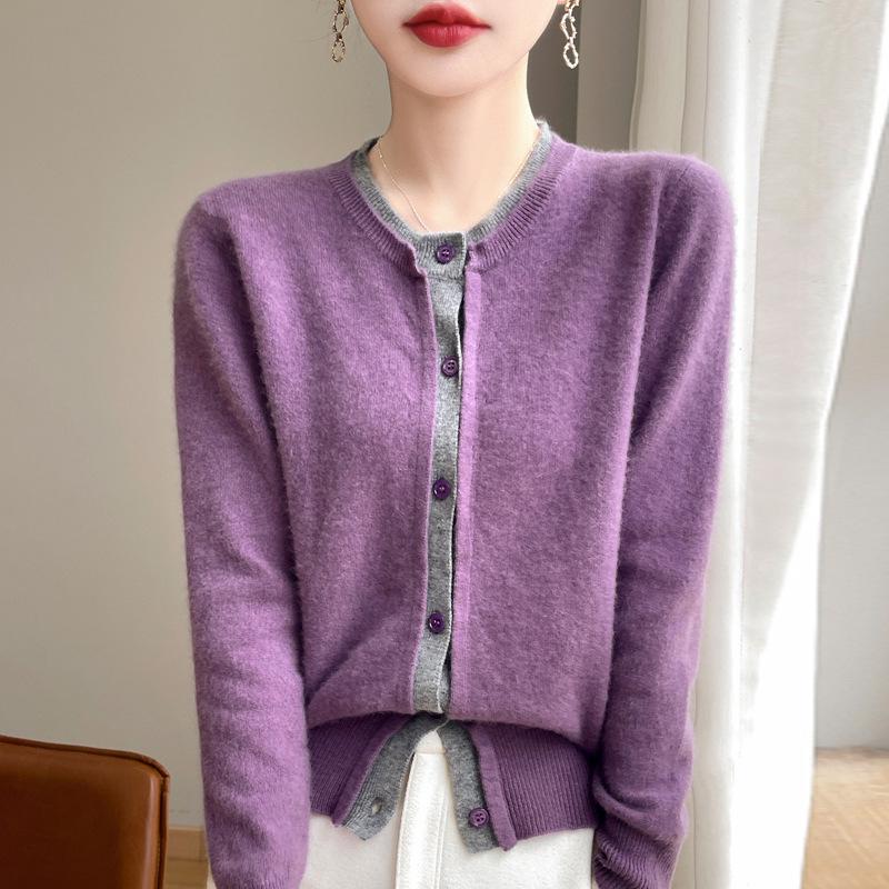 100% Pure Wool Color Block Round Neck Sweater - Women's Autumn/Winter Knit Cardigan, Solid Color, Fake Two-Piece Style.