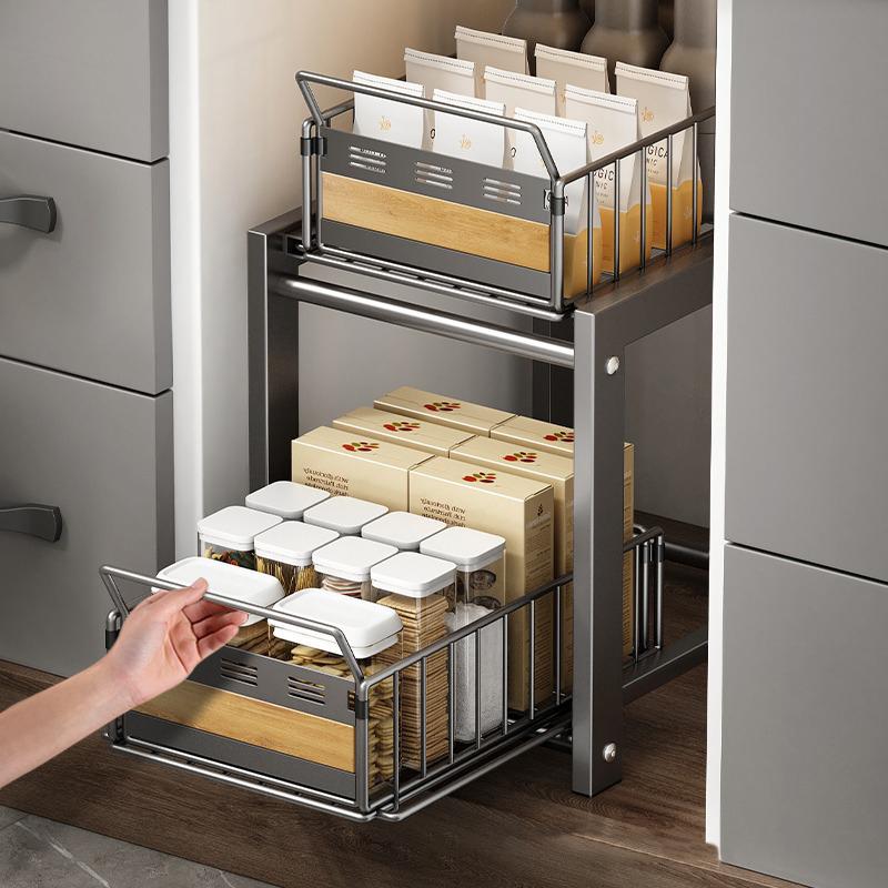 Kitchen Pull-out Basket Shelf Double Layer Spice Snack Bottle Can Cabinet Multi-level Shelf Under-sink Cabinet Layered Drawer