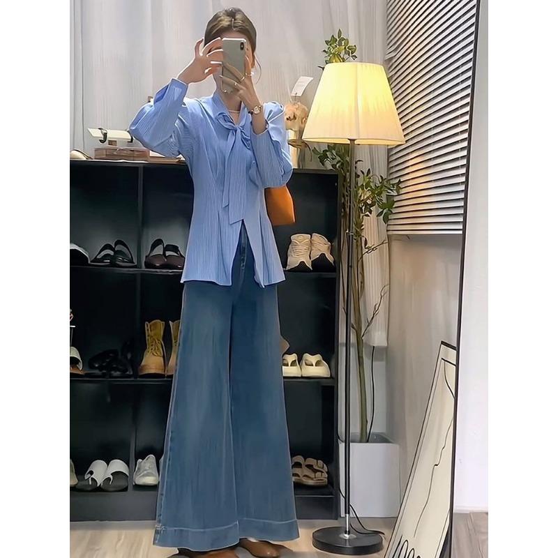 Dámské pruhované modré košile s mašlí, módní halenky s dlouhým rukávem, jarní topy do pasu pro úřednice