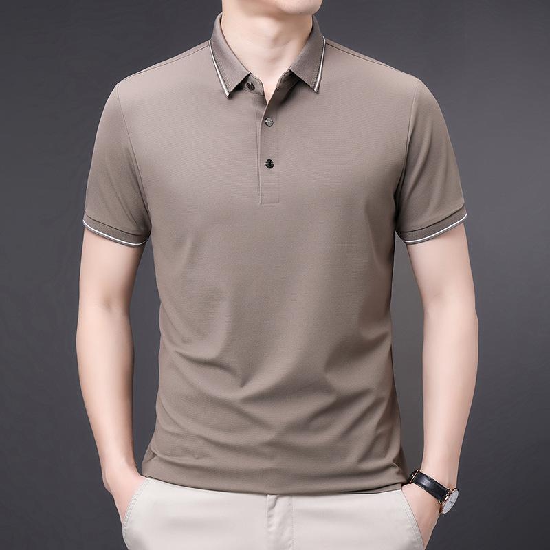 Top Men'S Solid Color Mulberry Silk T-Shirt Casual Short Sleeve Thin Polo Knitted Sweater
