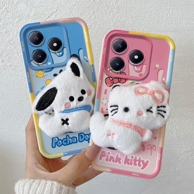 Custodia Peluche Per Realme C33 4G: Cover Morbida A Forma Di Coniglio Con Strass, Rosa E Bianco