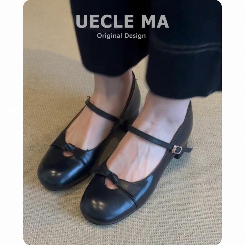Schafslederversion~ Retro-Lederschuhe mit leichtem Mund, Einzelne Schuhe, Damen, Dicke Absätze, Schleife, Vielseitige schwarze Mary Jane-Schuhe