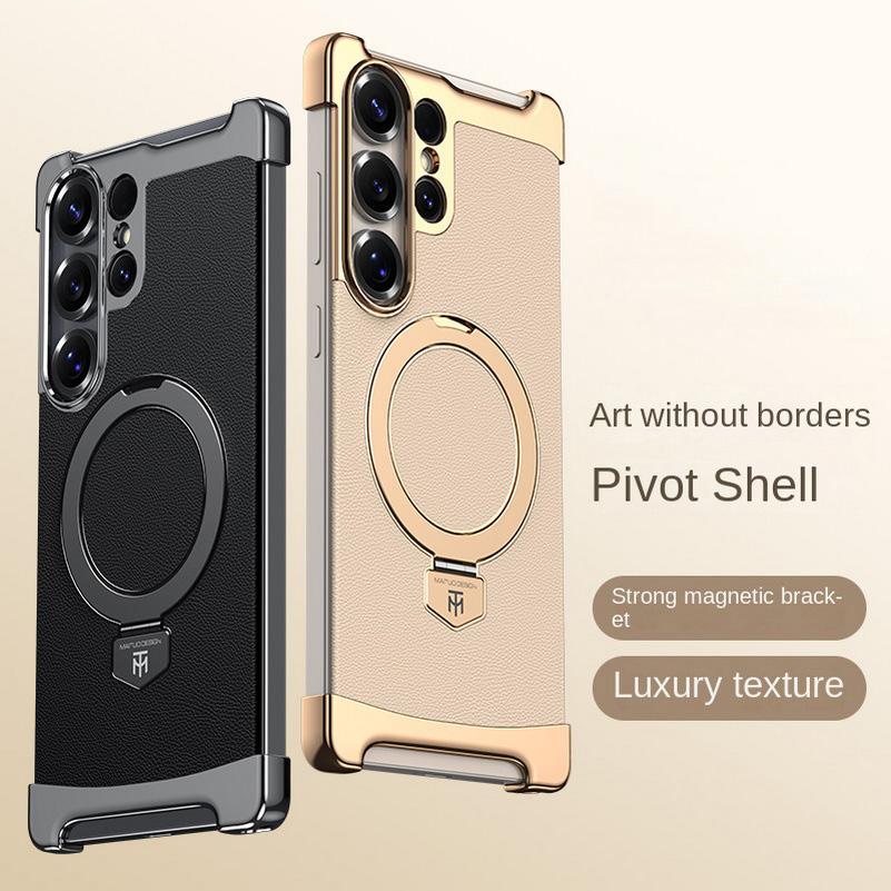 Bezelless Plating Plain Skin Metal Rotating Magnetic Ring Holder Case For Samsung S25 Ultra Galaxy S24 Ultra Protect Cover