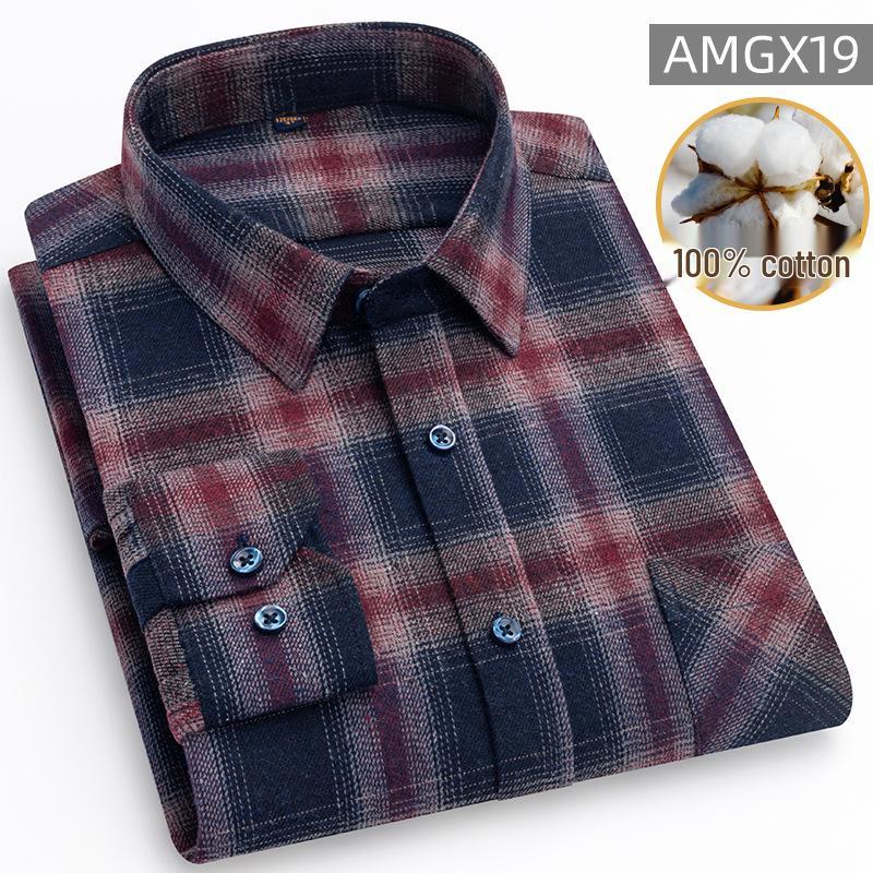 New Men's Plus Size Brushed Cotton Plaid Long Sleeve Shirt for Middle-Aged & Elderly with Straight Hem
