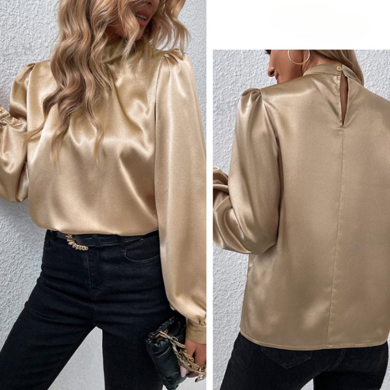 Elegante vintage skjorter med høy krage og løse lanternermer for kvinner, motetopper, ensfarget avslappet bluse, dameklær, enkel kontordameskjorte 26398