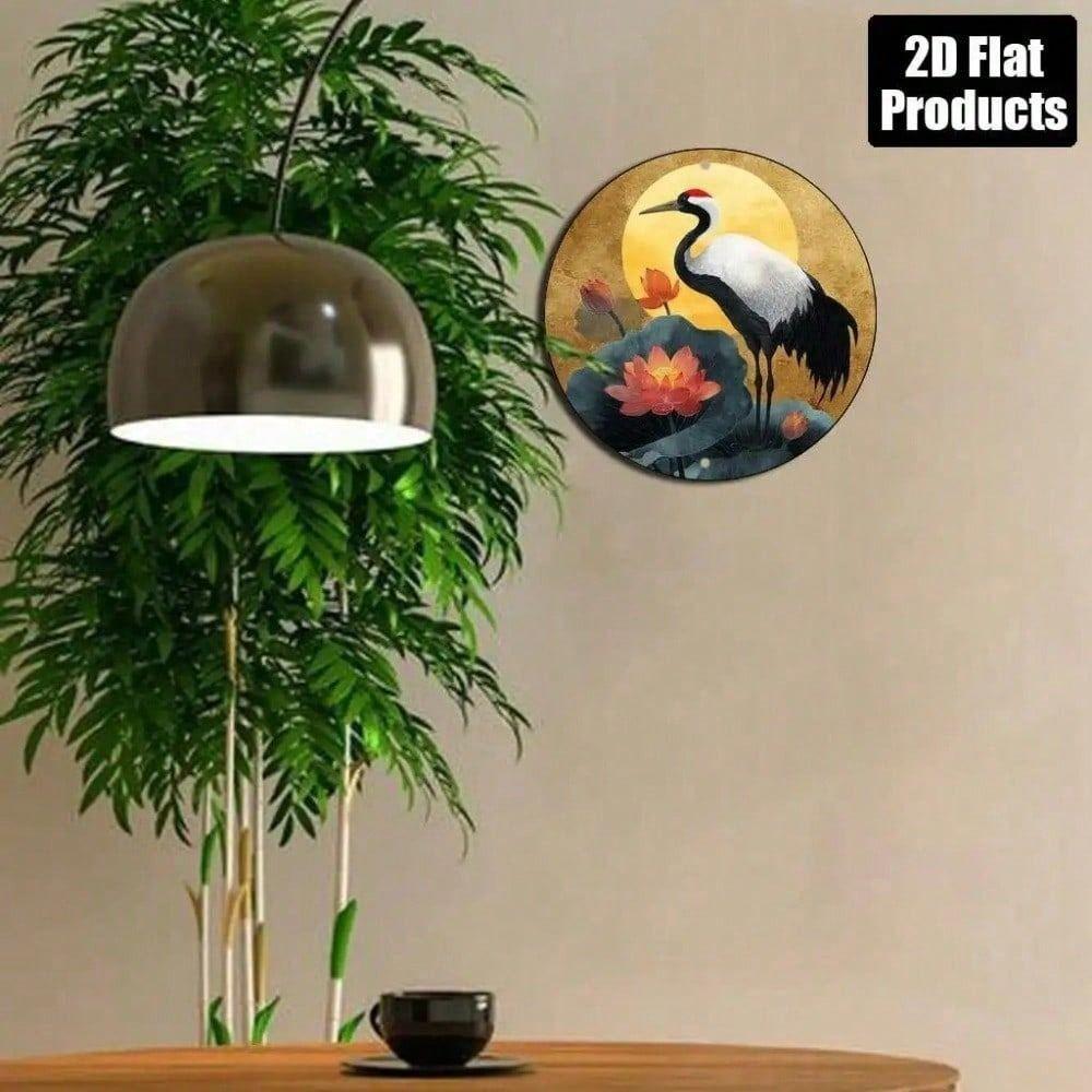 Round Metal Crane Lotus Wall Art Gold Background Decor