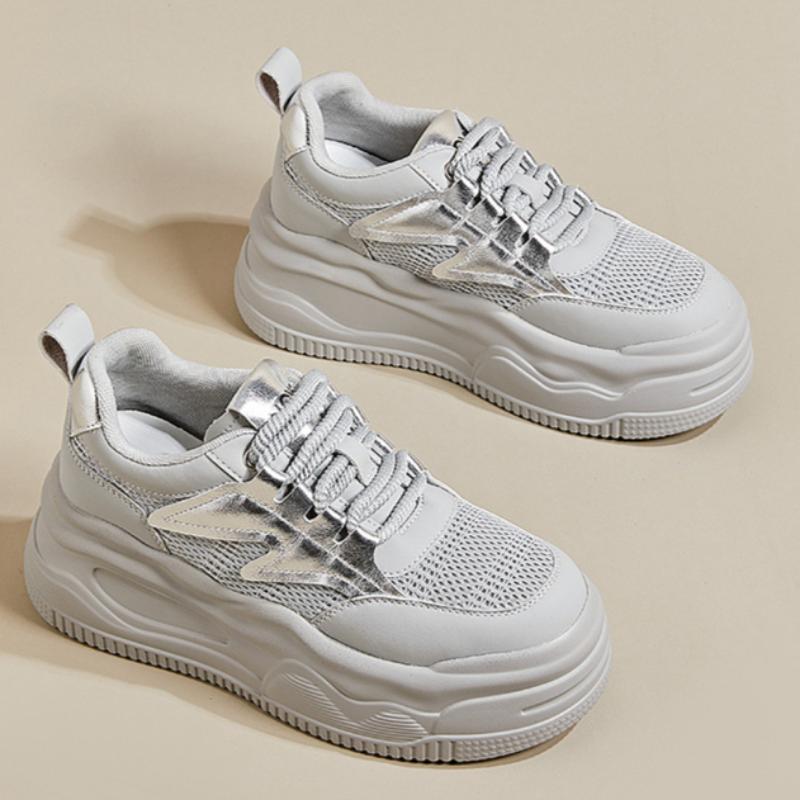Women's Spring and Summer Women's Sneakers Sports Thick-soled Casual Dad Shoes Mesh Breathable Inner Height-enhancing White Shoes