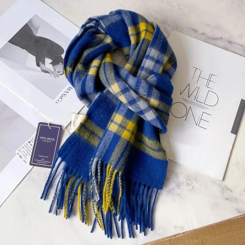 100% Pure Wool Scarf For Men Winter Deep Blue Plaid Wool Neck Warmer Luxury Gift For Boyfriend Dad And Elderly