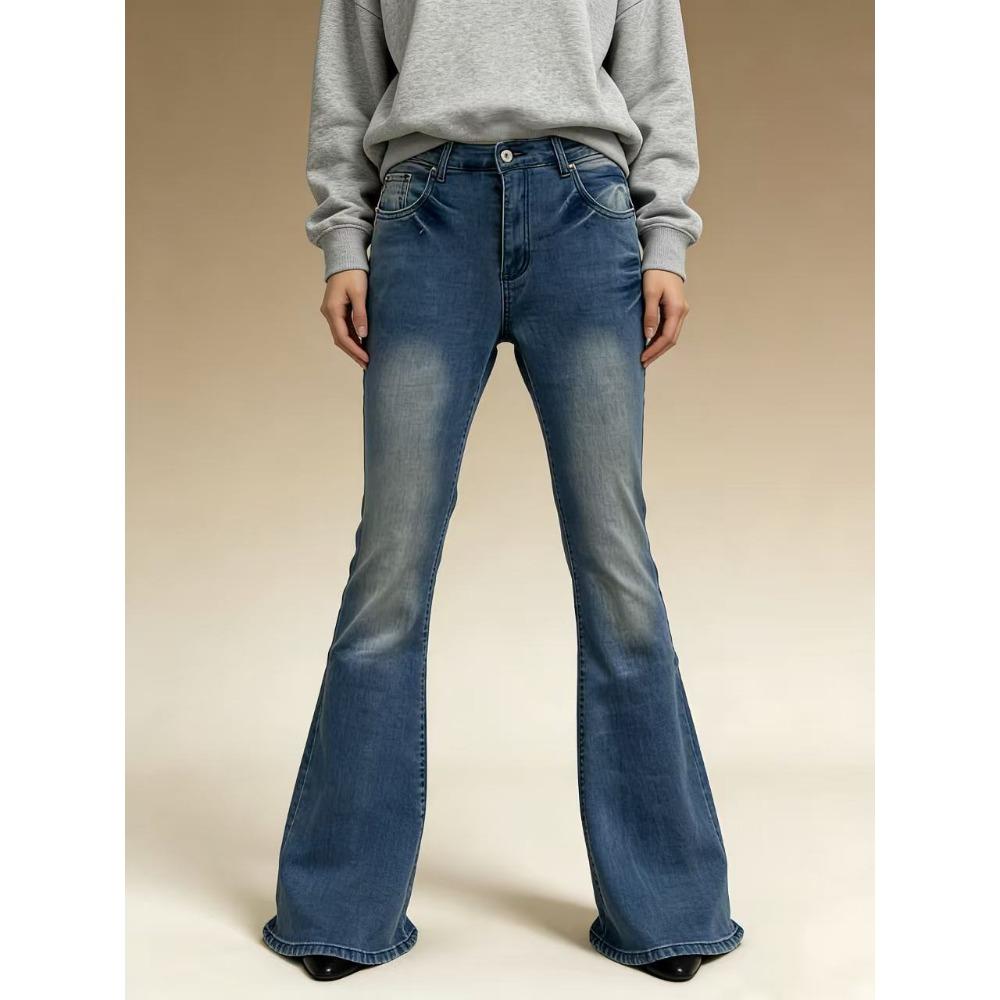 Women's Mid Rise Flare Jeans Vintage Washed Stretch Denim Bell Bottom Pants Plus Size