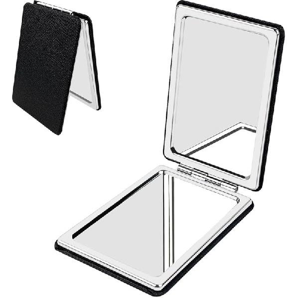 Portable Beauty Mirror with Leather Cover, 1X/2X Two-Sided Makeup Small Pocket Mirror, Portable for Travel and Purses - Black 3.8 L x 2.4 W