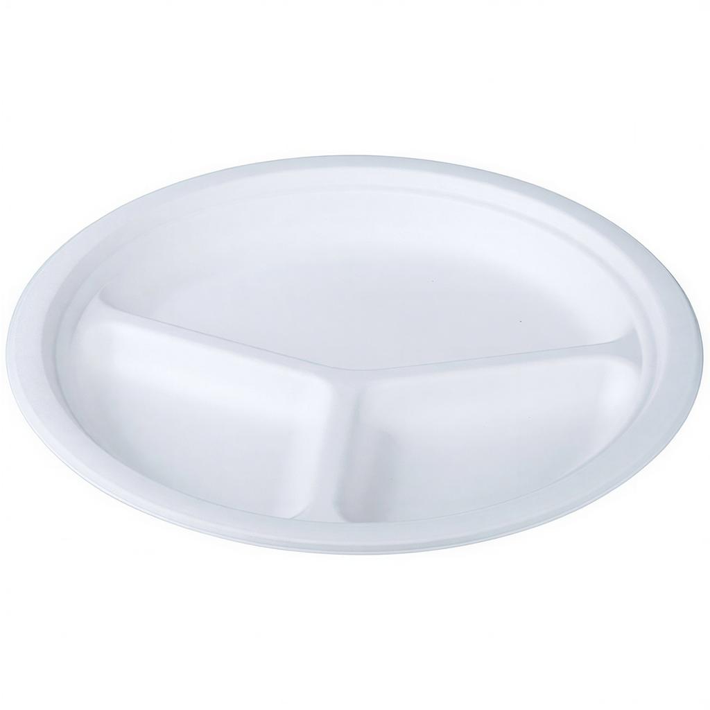 Talerz Z Trzciny Cukrowej Okrągły Trójdzielny 23 Cm 50 Szt.