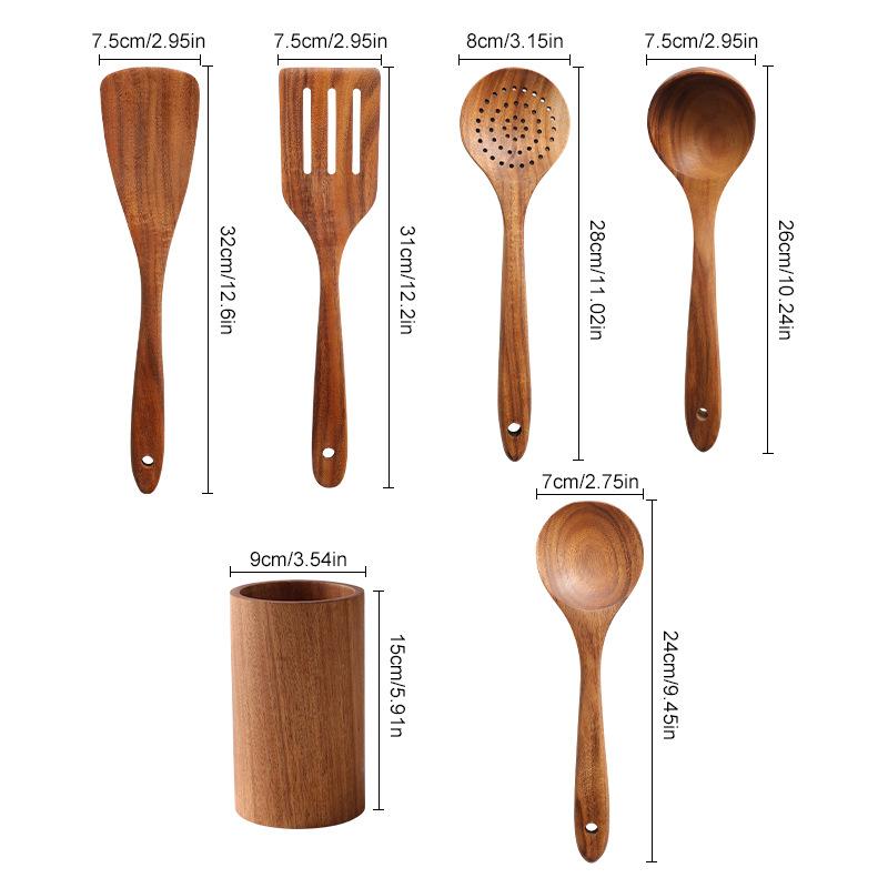 6PCS Wood Kitchenware Cooking Household Spatula Spoon Set Salad Spoon Fork Stirring Spoon Kitchen Baking Set with Storage Bucket