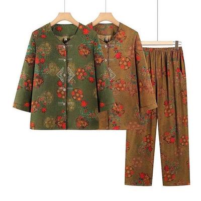 Plus Size Cotton Linen Floral Suit for Mature Women - Loose Two-piece Set for Spring and Autumn